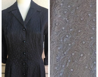 Vintage 40s Dress Black Embroidered Collared Button Up Dress Old Hollywood Size Large Sergee of California