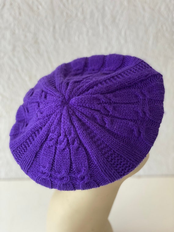 70s Purple Beret Tam Hat Cable Knit Design Men Wo… - image 2