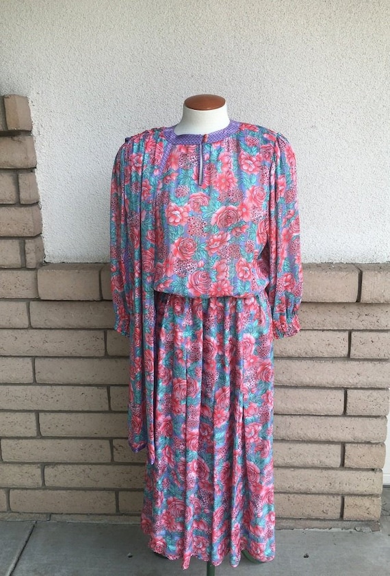 SALE 80s Diane Freis Dress Pink Floral Print with 