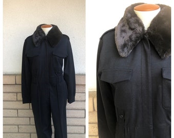 Vintage NWT Black Knit Jumpsuit with Removable Fake Fur Collar Zip Front Jumpsuit Unworn Size Medium