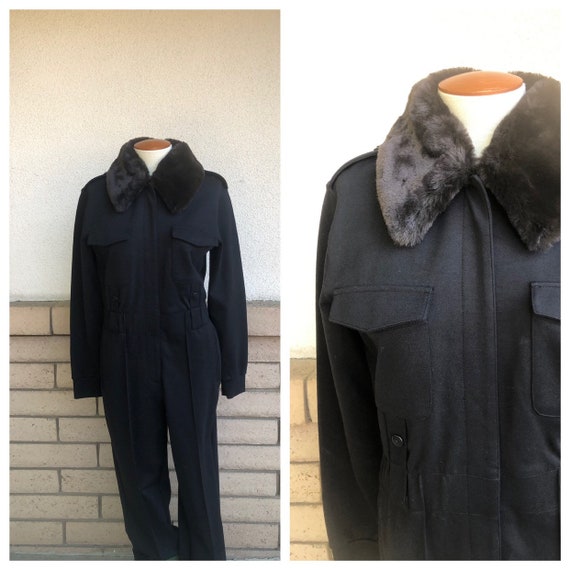 Vintage Black Knit Jumpsuit with Removable Fake Fu