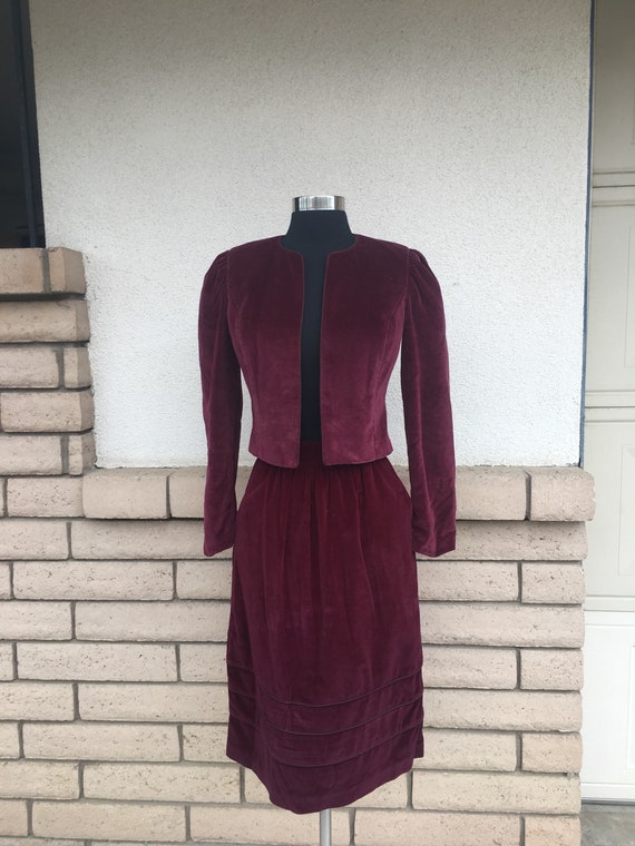 Vintage 70s Cranberry Red Velvet Skirt Suit Puff S
