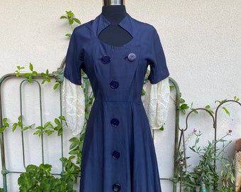 1940s Virginia Speare Dress // Navy Blue Midi Faille Button Up Dress with Lace Sleeves Waist 24