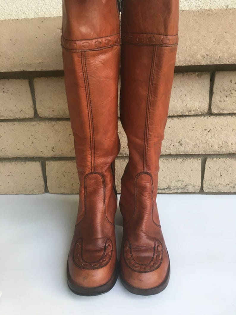 Vintage 70s Rust Woven Leather Knee High Boots Made in Uruguay Size 7 1/2 B image 2