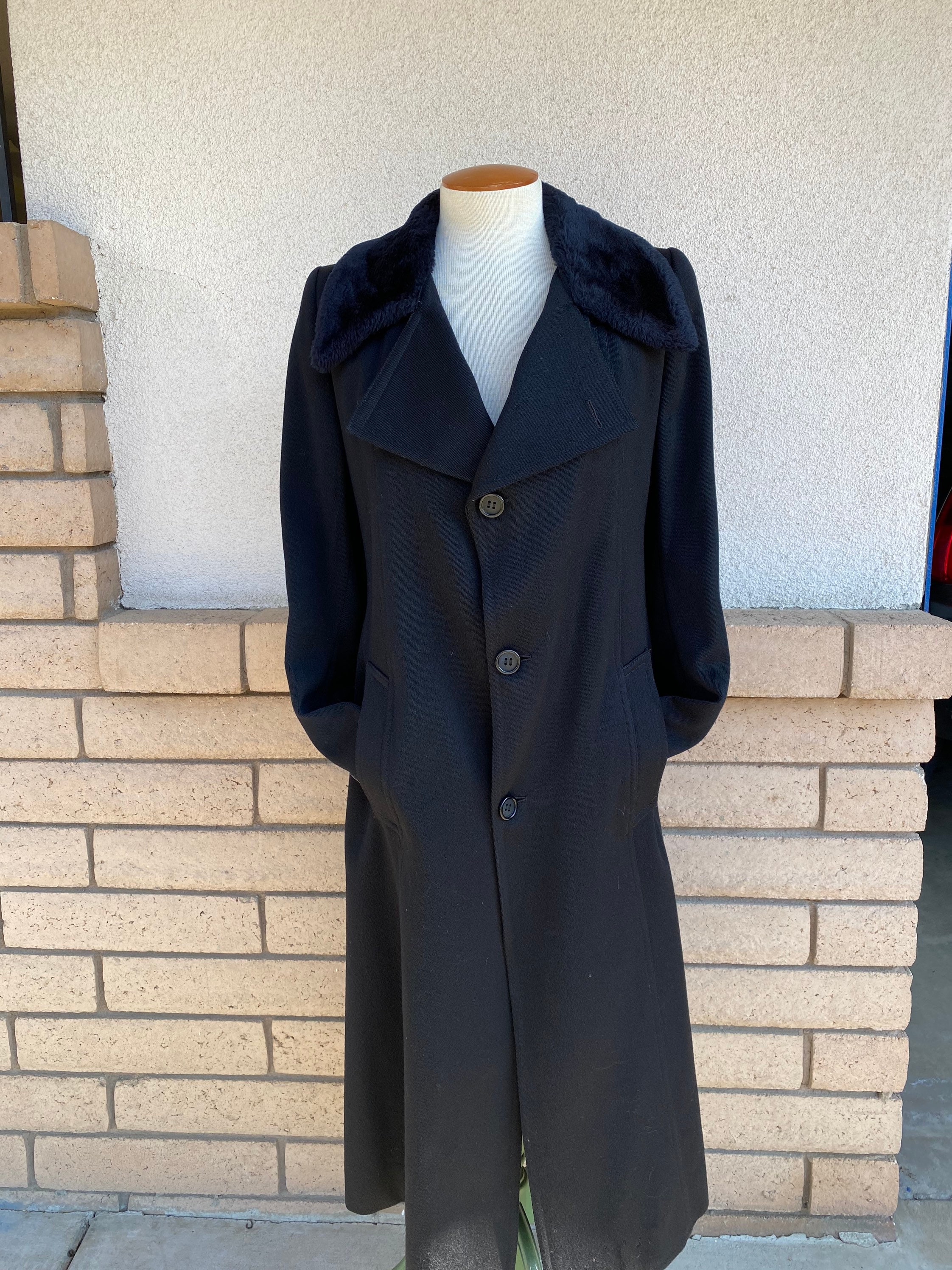 Vintage Faux Fur Collar Long Coat // Black Wool Daniel Hechter