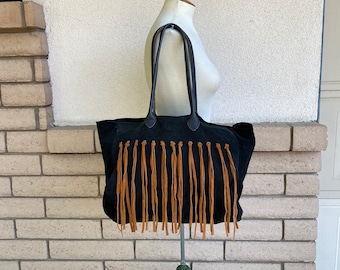 Vintage Suede Leather Bag with Fringe Large Boho Shoulder Bag All Leather Travel Duffle Weekender Overnight Luggage Carry On