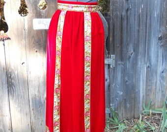 SALE Red Velvet Skirt Vintage 1970s Maxi Hostess Holiday Skirt  . 23" Waist XXS