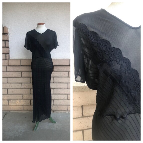 90s Black Sheer Silk Maxi Dress with Lace Vintage
