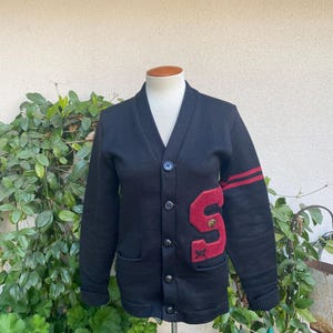 Vintage 50s Varsity Sweater &quot;S&quot; Letterman Cardigan Football Lacrosse Striped Sleeve by Wil Wite Size Women XS