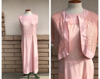 SALE Vintage 50s Dusty Pink Dress + Lace Bolero Jacket High Waist Dress Flared Skirt by Irma Hill Half Sizes Large