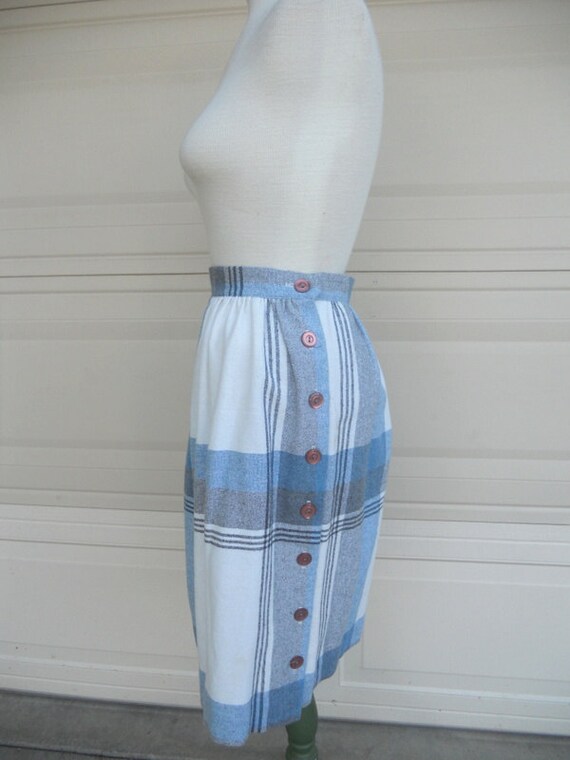 70s plaid skirt . blue cream high waist skirt . N… - image 2