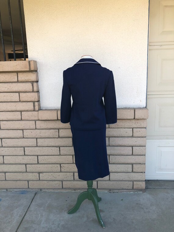 60s Navy Blue Wool Skirt Suit Zip Front Top Flare… - image 7