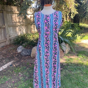 Vintage 70s Floral Maxi Dress Pink Blue Stripe Cotton Sleeveless Summer Hawaiian Dress by Charlotta of California Size S-M Small to Medium