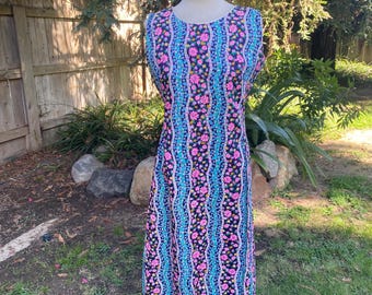 Vintage 70s Floral Cotton Maxi Dress, Pink & Blue Hawaiian Style
