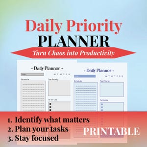 Planificador diario sin fecha, imprimible, azul y blanco, digital, minimalista, PDF, programa, prioridades y notas, descarga instantánea