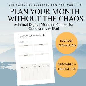 Può includere: Un pianificatore mensile digitale con il testo "PLAN YOUR MONTH WITHOUT THE CHAOS" e "MONTHLY PLANNER". Il pianificatore è progettato per GoodNotes e iPad, con opzioni per il download immediato e l'uso digitale.