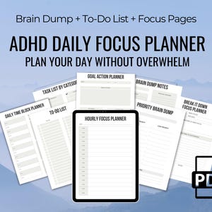 Può includere: ADHD Daily Focus Planner con pagine per attività, obiettivi e programmazione oraria. Il planner include sezioni di elenco attività e brainstorming. L'immagine include anche un'icona PDF.