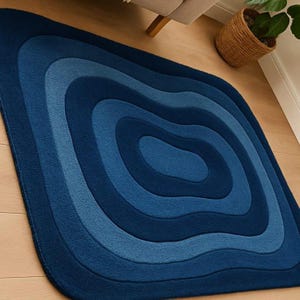 Blue Hand Tufted Wool Rug | Layered Ripple Pattern Design for Living Room