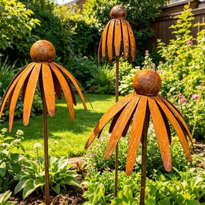 Rusted Metal Coneflower Garden Stake, Echinacea Sculpture, Outdoor Yard Art Ornament