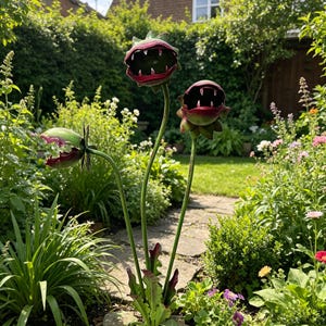 May include: A metal garden sculpture featuring three stylised carnivorous plants with open, toothy mouths. The plants have green outer leaves and deep red interiors, each mounted on a slender green stem rising from a base of green metal foliage.