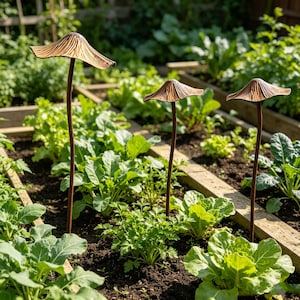 Pode incluir: Três estacas de jardim em forma de cogumelo, na cor bronze, com chapéus texturizados e hastes finas, num canteiro cheio de plantas verdes. As estacas adicionam um toque decorativo ao espaço exterior.