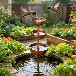 Rustic Metal Rain Catcher Garden Stake, Bird & Pollinator Water Bowl, Outdoor Yard Art Decor