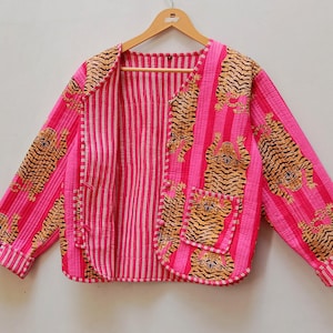 Veste en coton matelassée à imprimé blocs de main, manteau bohème floral fabriqué de manière éthique