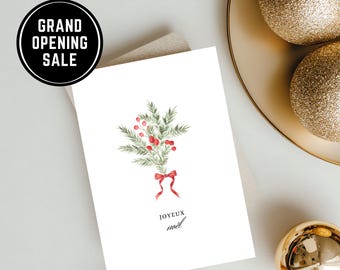 Carte de Noël botanique imprimable Français, Joyeux Noël aquarelle Holly Berry, ruban rouge, téléchargement immédiat
