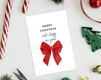 Printable Christmas Card, Red Ribbon Holiday Card, Minimal Merry Christmas Card, Instant Download