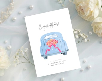 Wedding Congratulations Card, Just Married Car Card, Minimal Wedding Illustration, Printable Wedding Card, Modern Wedding Art