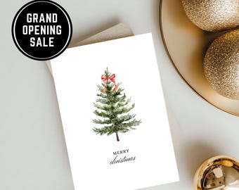 Árbol de Navidad minimalista en acuarela imprimible, saludo navideño con lazo rojo, arte digital único de descarga instantánea.