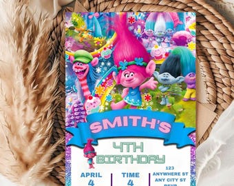 Plantilla editable de invitación para fiesta de cumpleaños de trolls (descarga digital) Plantilla de 5x7