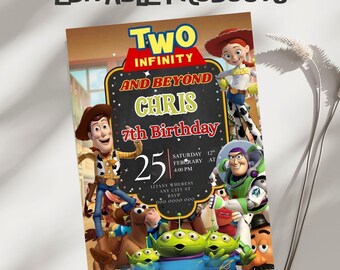 Plantilla editable de invitación de cumpleaños "Dos infinitos y más allá" (5x7), producto digital descargable.