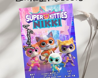 Plantilla editable de invitación para fiesta de cumpleaños de Super Kitties (5x7) Producto digital descargable