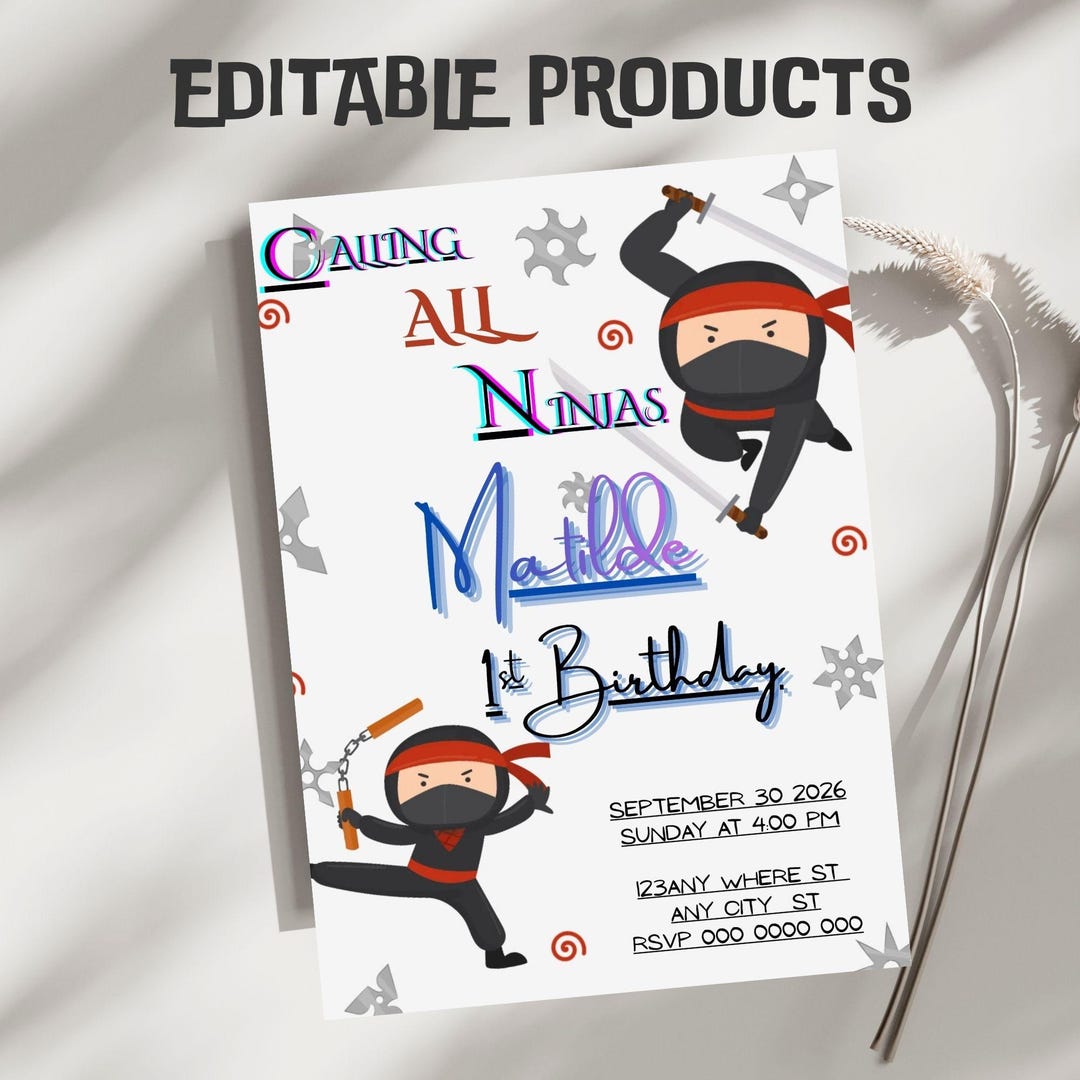 Editable Ninja Birthday Party Invitation Template (5x7) Digital ...