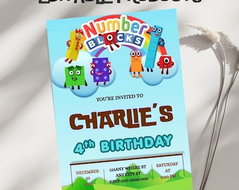 Plantilla editable e imprimible para invitación de cumpleaños con diseño de bloques numéricos (5x7). Producto digital descargable.