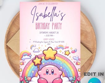 Plantilla de invitación editable para fiesta de cumpleaños de Kirby (5x7) Descarga digital