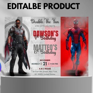 May include: A digital invitation featuring two superheroes, The Falcon and Spider-Man, for a double birthday celebration. The invitation includes the names Dawson and Matteo, their ages, the date, time, and location.