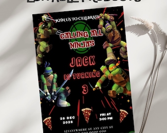 Plantilla de invitación para fiesta de cumpleaños ninja, diseño Canva editable (5x7), descarga digital.