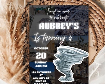 Plantilla editable de invitación para fiesta de cumpleaños con temática de tornado (5x7) Descarga digital