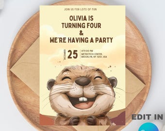 Plantilla de invitación editable para fiesta de cumpleaños de capibara (5x7) Producto descargable digitalmente