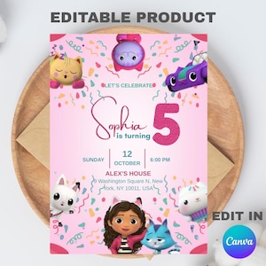 Könnte beinhalten: Eine rosa Geburtstagseinladung mit dem Text "Sophia wird 5". Die Einladung zeigt Zeichentrickfiguren, Konfetti und den Text "Let's Celebrate". Datum und Uhrzeit sind ebenfalls enthalten. Die Wörter "Editable Product" und "Edit in Canva" sind ebenfalls sichtbar.