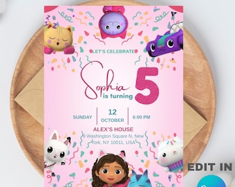 Plantilla editable de invitación para fiesta de cumpleaños de la casa de muñecas de Gabby (5x7) Producto digital descargable