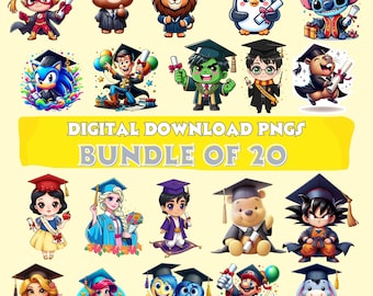 Paquete de imágenes PNG de personajes para graduación / 20 diseños, sublimación de felicitación para graduados (descarga digital)