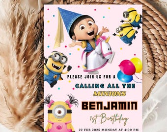 Plantilla editable de invitación para fiesta de cumpleaños de los Minions (5x7) Producto digital descargable