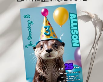 Plantilla editable e imprimible de invitación de cumpleaños con temática de nutria (5x7) Producto digital descargable