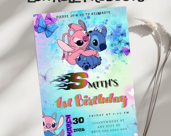 Invitación de cumpleaños de Stitch Angel, invitación editable para fiesta de Lilo & Stitch (descarga digital)