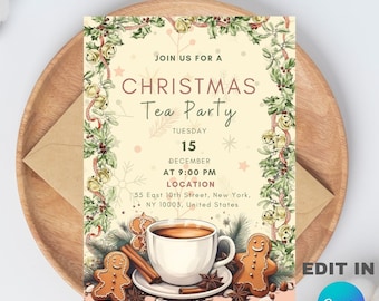 Plantilla editable de invitación para fiesta de té navideña (5x7) Producto descargable digitalmente