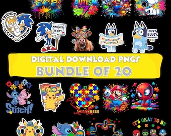 Paquete de imágenes PNG para concienciación sobre el autismo / 20 diseños de personajes para rompecabezas (descarga digital)