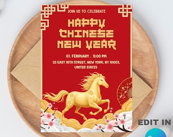 Plantilla editable para fiesta de Año Nuevo Chino (5x7) Producto descargable digitalmente